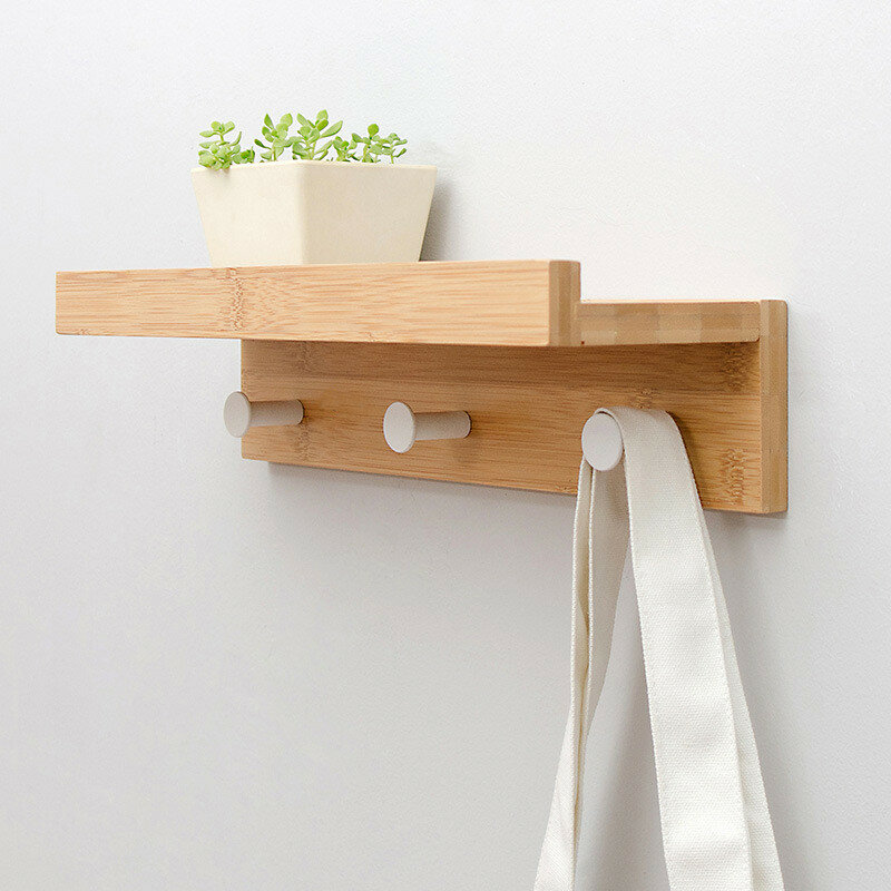 Mrosaa In-line Partition Wall-mounted Solid Wood Hook Rack Wall Shelf Rack Storage Holder