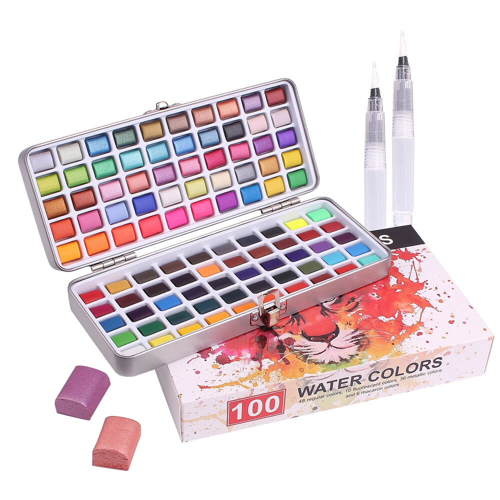 100 Colors Solid Watercolor Paint Set Portable Metal Box with Paint Brush for Beginner Drawing Art Painting Kit Supplies