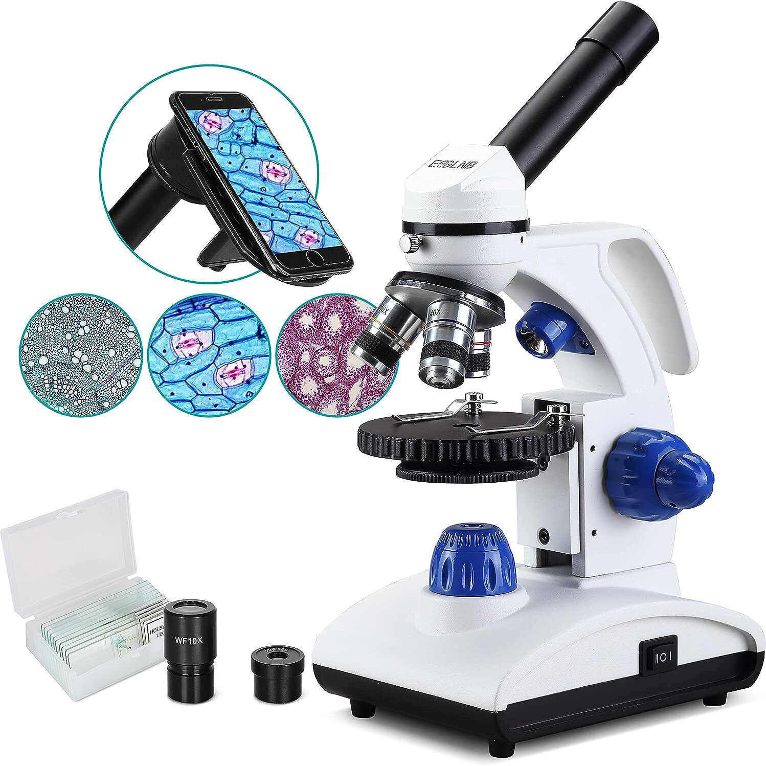 [EU Direct] Errore nella traduzione ES1045 Microscopio 1000X Microscopio studentesco per bambini Microscopio biologico a luce LED con lastre e adattatore per telefono Lenti in vetro ottico in metallo.