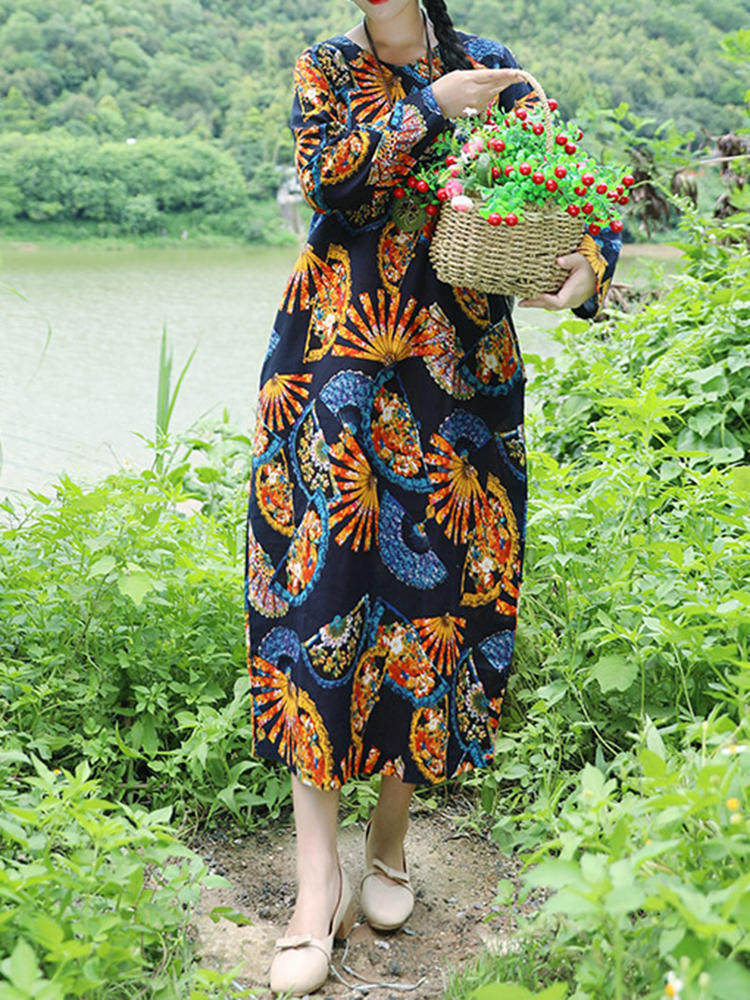 chinese style floral print long sleeve vintage dress at Banggood