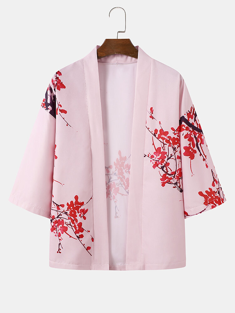 Mens Watercolor Floral Printed Loose Fit 3/4 Sleeve Kimono