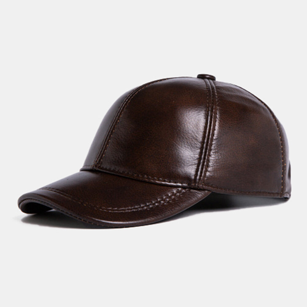 Men Genuine Cowhide Leather Adjustable Baseball Cap Outdoor Protect Ear Winter Warm for Elderly Fath