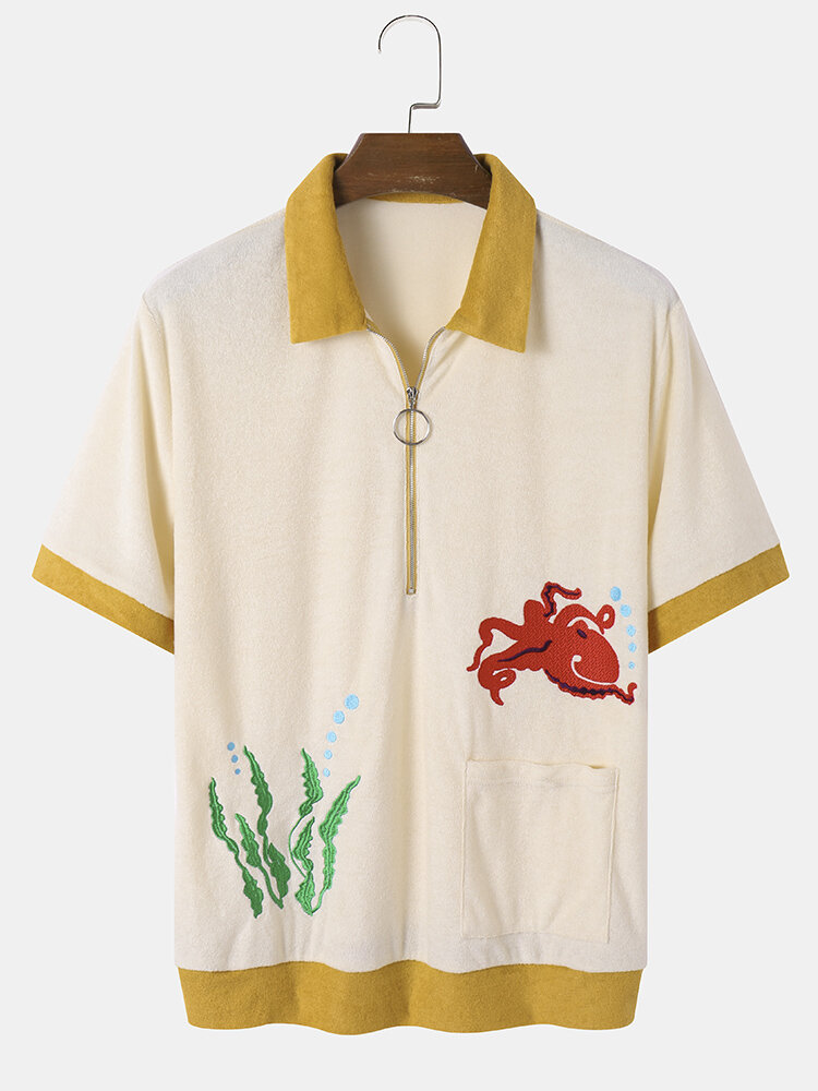 Men Towel Patchwork Octopus & Plants Embroidered Half Zip Single Pocket Leisure Shirts