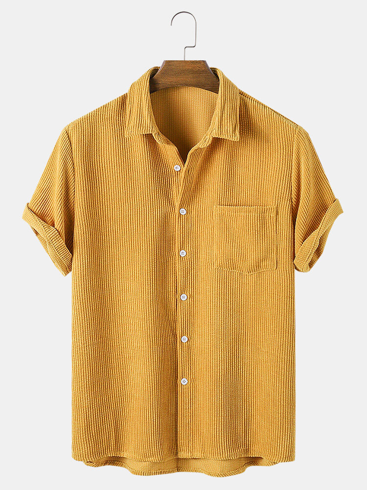 

Thin Corduroy Mustard Set Turn Down Collar Chest Pocket Short Sleeve Shirts