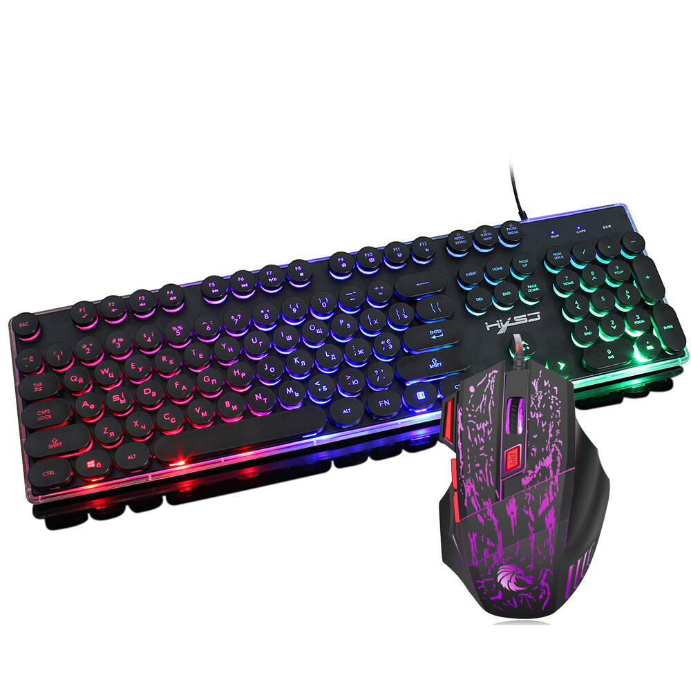 HXSJ J40E Russian Wired Gaming Keyboard & Mouse Set 104 Keys Rainbow Backlit Punk Keycaps Mechanical