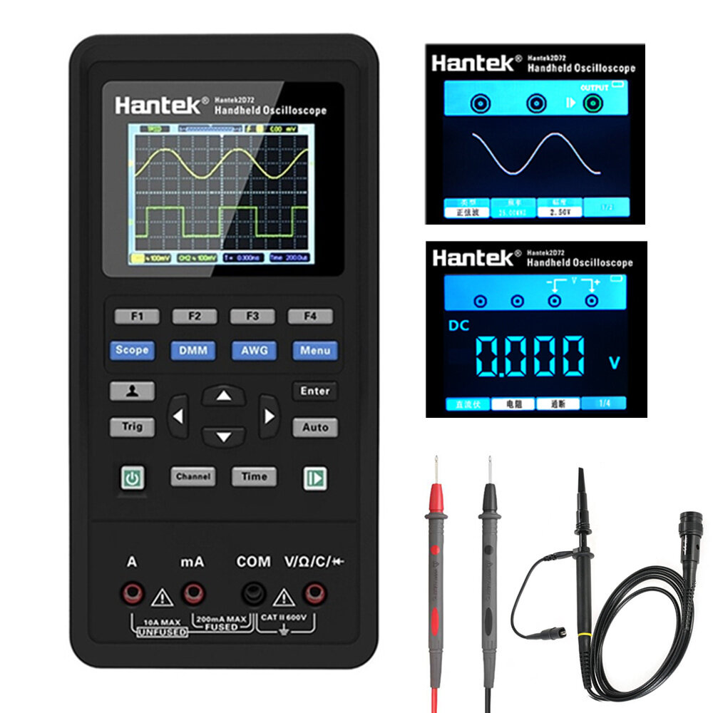 Hantek 3in1 Digital Oscilloscope+Waveform Generator+Multimeter Portable USB 2 Channels 40mhz 70mhz LCD Display Test Mete