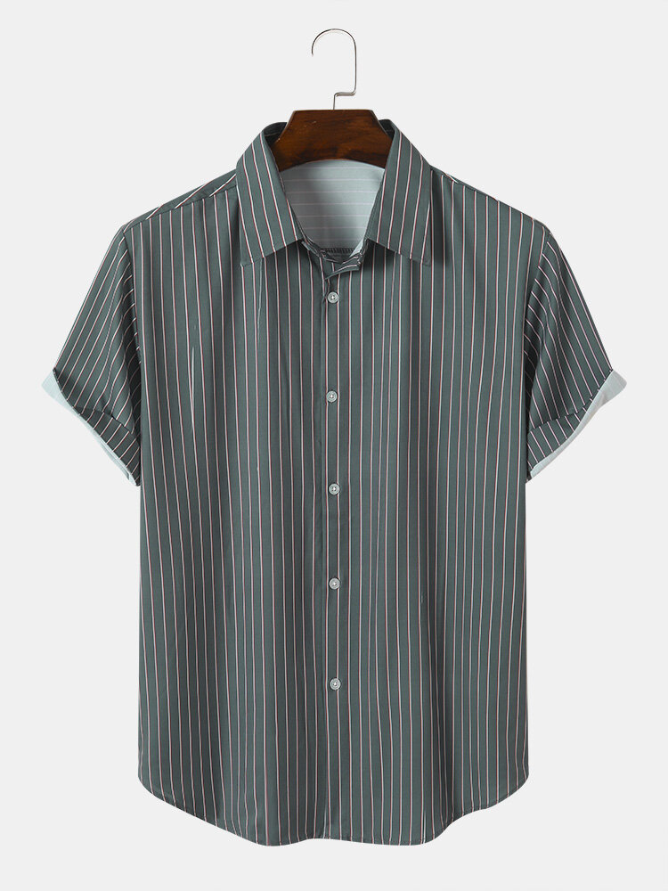 Men Allover Pinstriped Print Soft Curved Hem Comfy Breathable All Matched Shirts