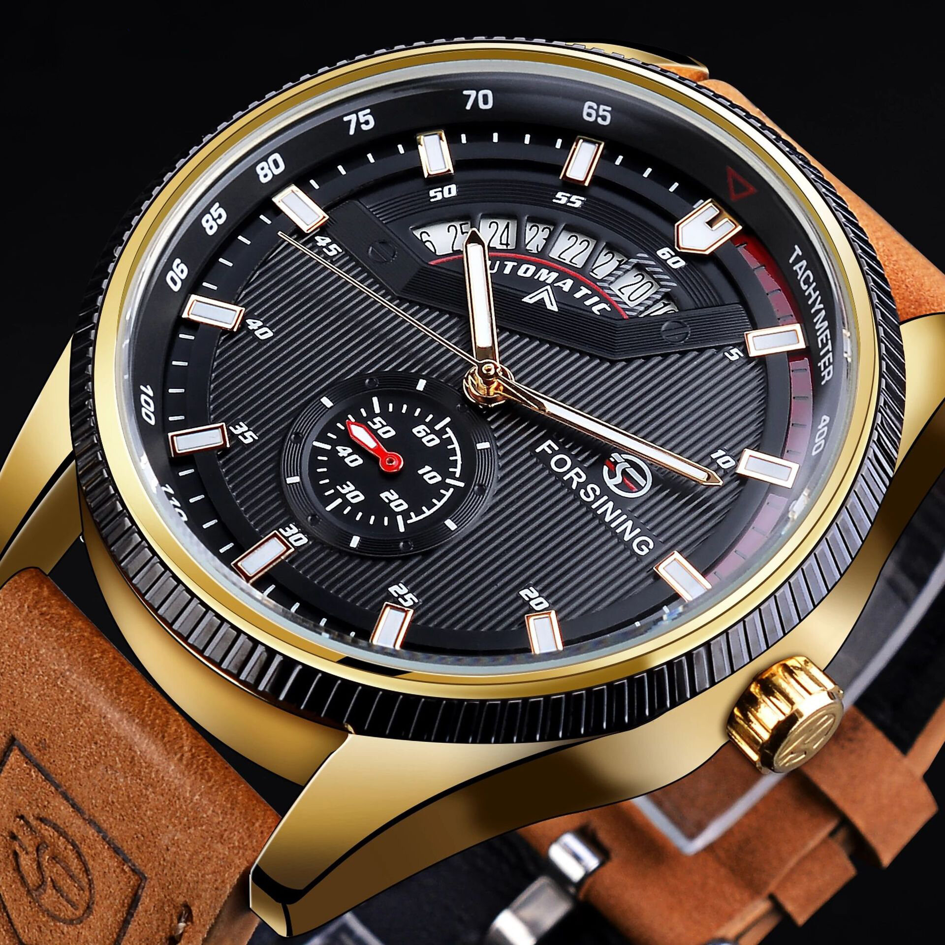 

FORSINING TM-382G Hollowed-Out Watch Cover Luminous Dial Genuine Leather Strap Men Automatic Mechanical Watch Wristwatch