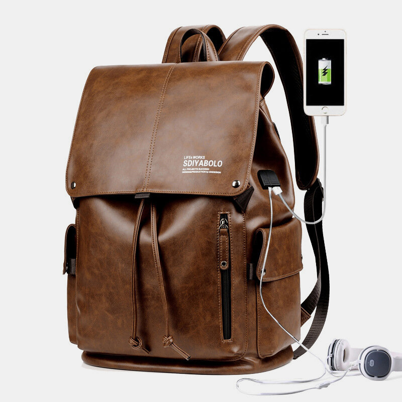 Mannen kunstleer grote capaciteit waterdichte 13,3 inch laptoptas reistas rugzak met USB opladen