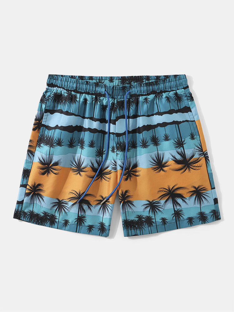 Men Palm Tree Hawaiian Style Drawstring Elastic Waist Shorts