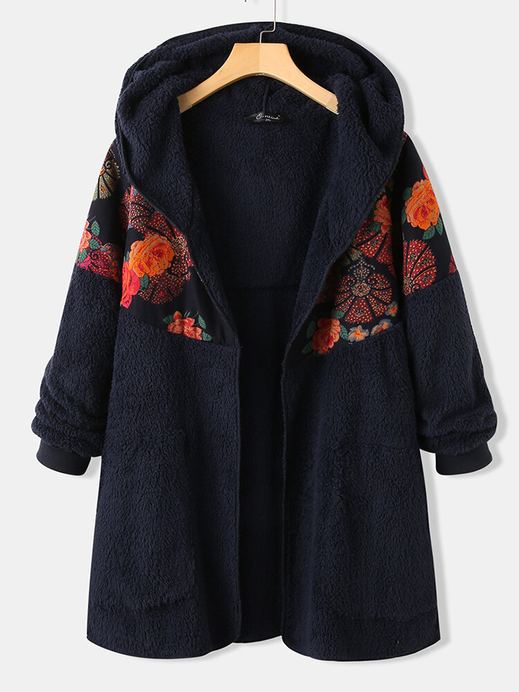 

Ethnic Floral Printed Patchwork Long Sleeves Vintage Hooded Plus Size Coats For Women