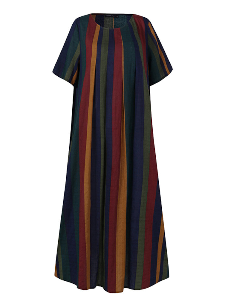 Women Vintage Striped Artsy O-Neck Short Sleeve Green Mid-Calf Length Dress