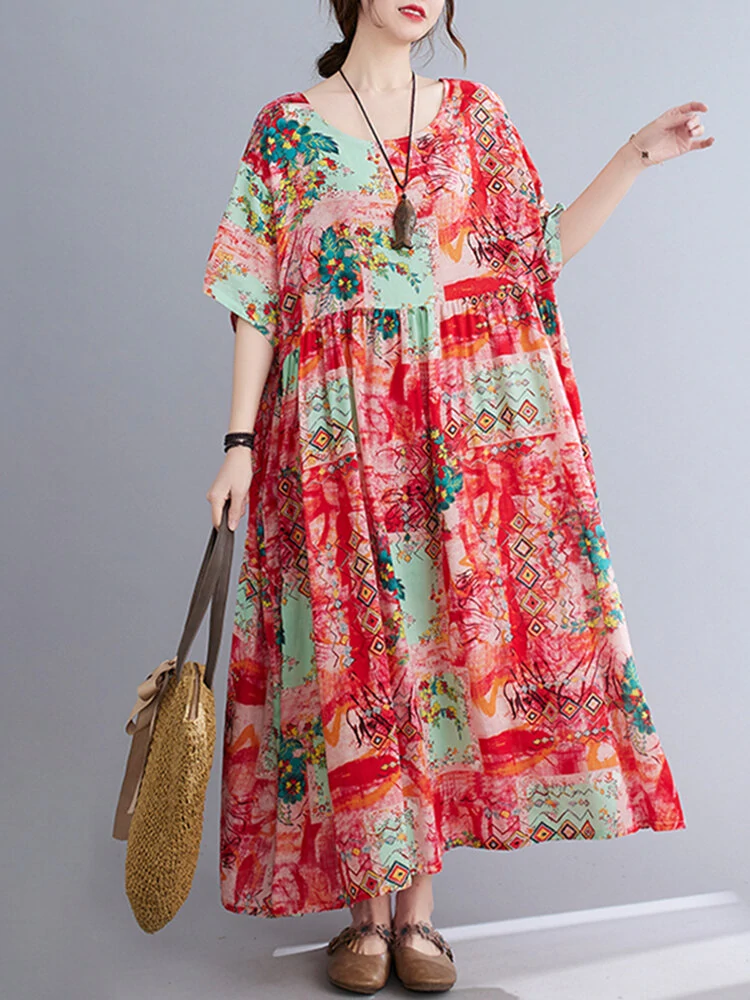 O-neck floral loose bohemian casual summer dress for women