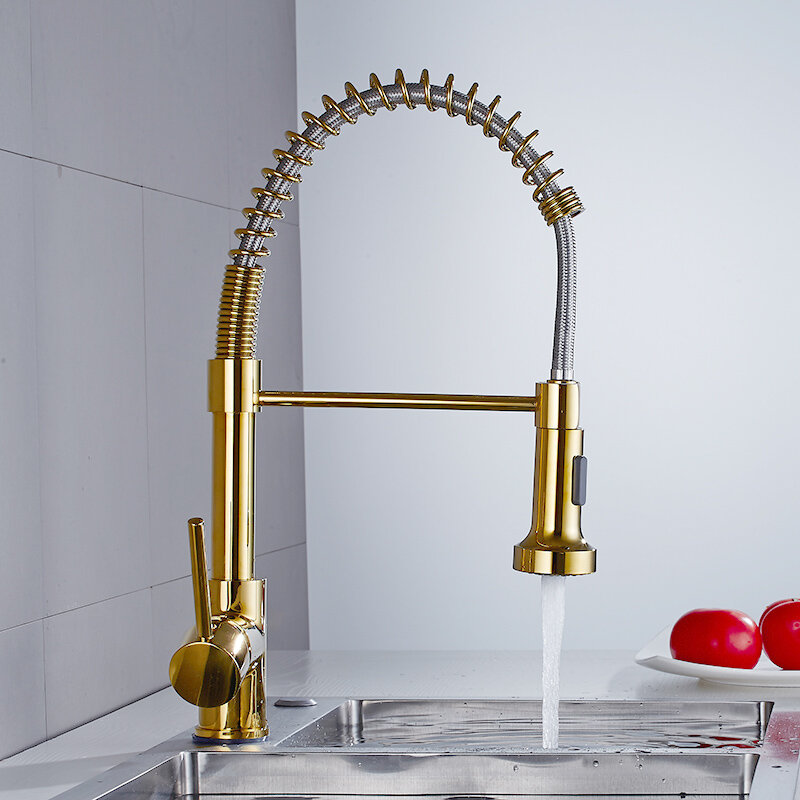 

Luxury Gold Kitchen Sink Faucets Brass Single Lever Pull Out Spring Spout Mixers Tap Hot Cold Water Crane