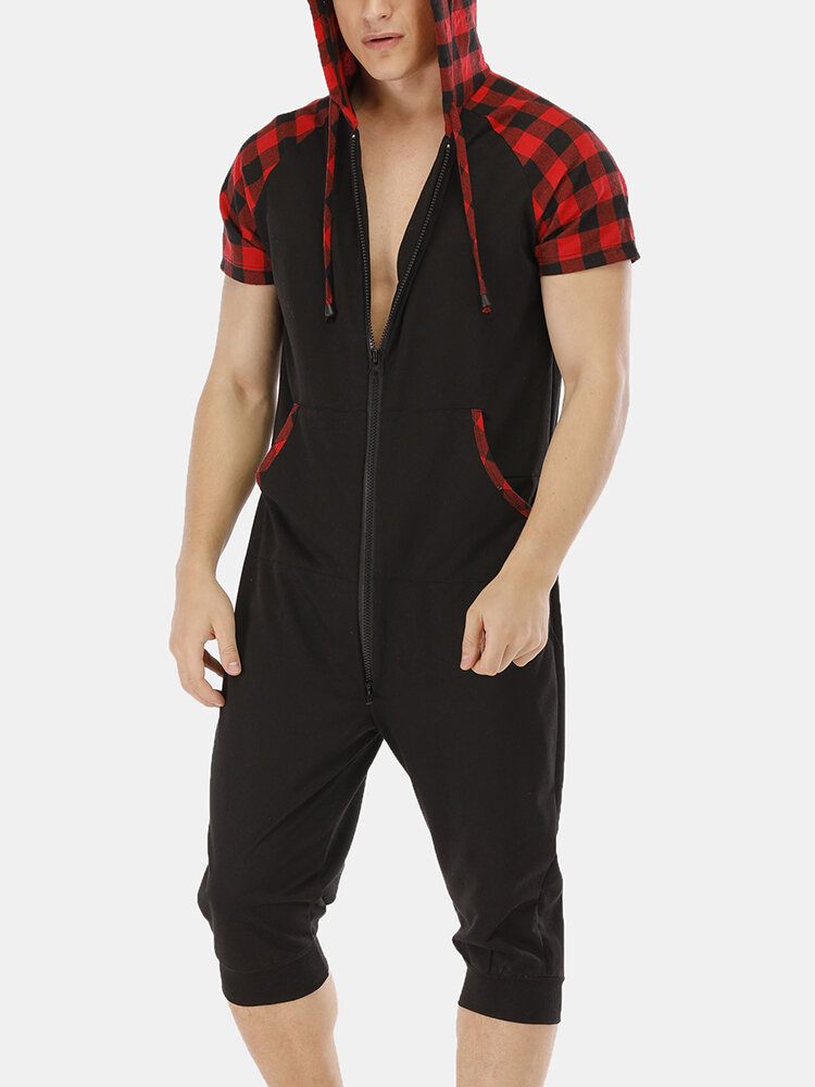 Image of Herren Casual Cotton Hooded Plaid Style Kurzarm Home Jumpsuit