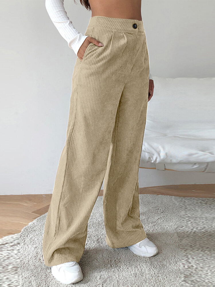 Women Corduroy Solid Color Pleating Pocket Ankle Length Side Pockets Retro Pants