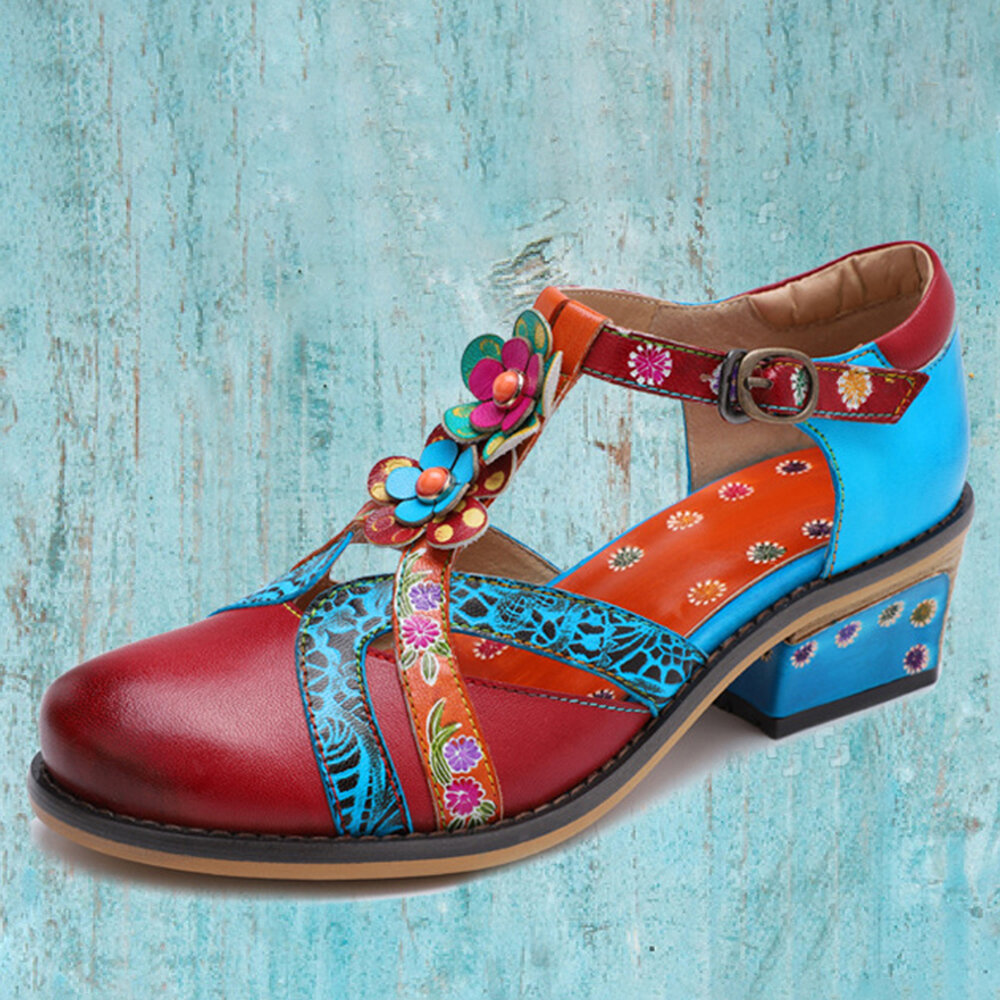 

Socofy Genuine Leather Comfy Hook & Loop Retro Ethnic Low Heel Floral T-Strap Shoes