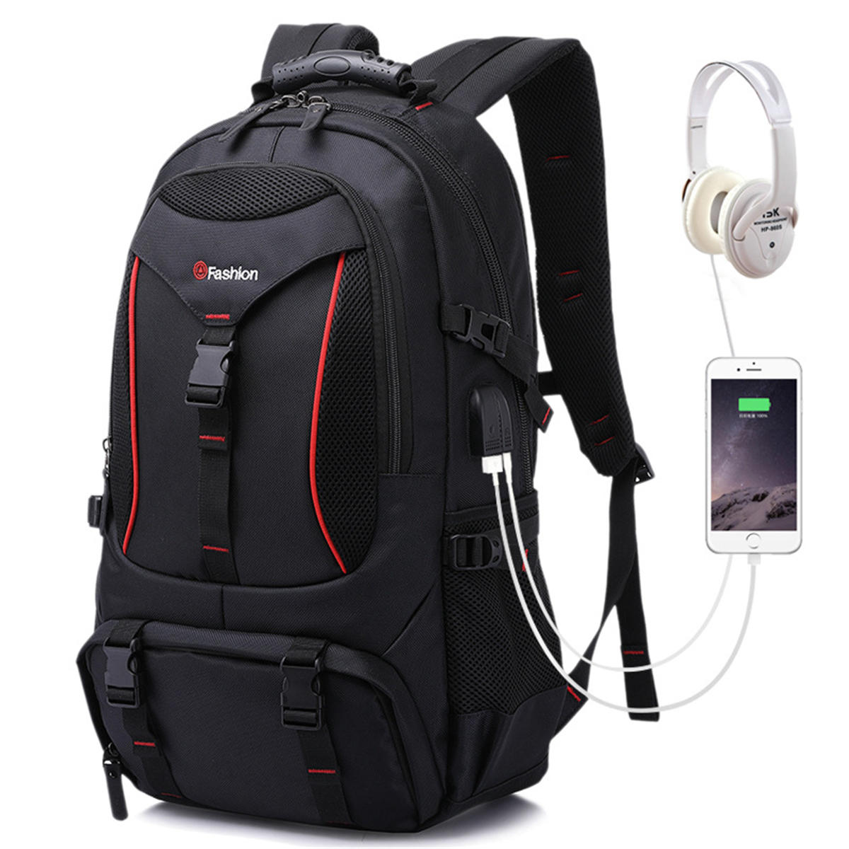 メンズアウトドアハイキングバックパックスポーツ旅行USBポートキャンプデイパック防水バッグ