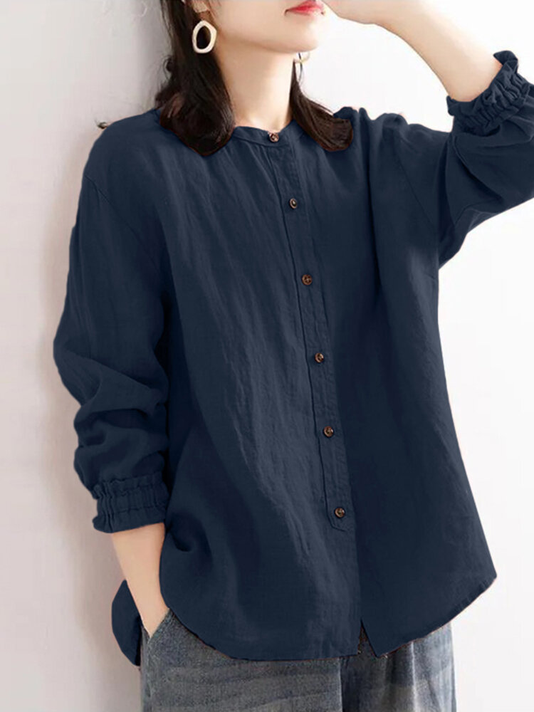 Women Cotton Simple Stand Collar Solid Long Sleeve Button Shirt