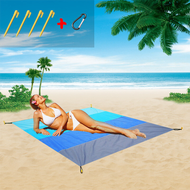 200x210cm Beach Blanket Multi-use Folding Picnic Mat Sunshade Canopy with Ground Nail Carabiner Camping Travel