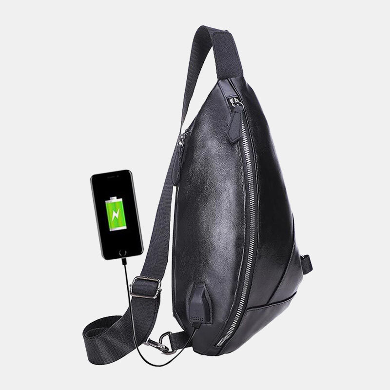 Men PU Leather USB Charging Waterproof Casual Crossbody Bag Chest Bag Sling Bag