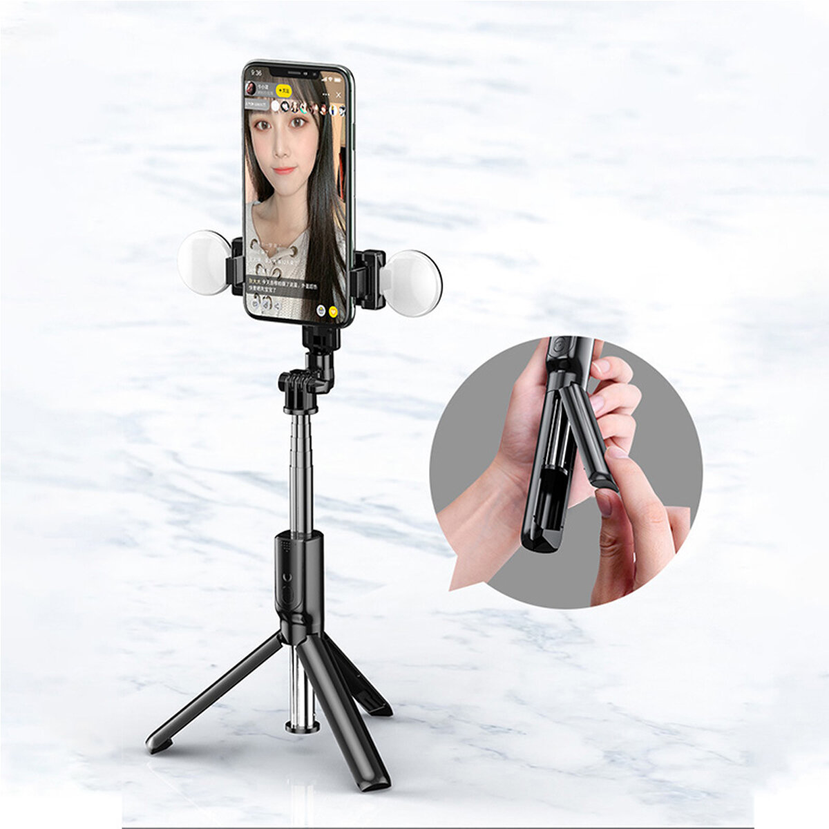Height Adjustable Selfie Stick Tripod Monopod with bluetooth Remote Controller Dual Ring Light Fill Lighting for iPhone