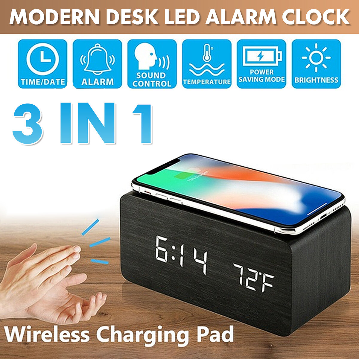 Στα 14.35 € από αποθήκη Κίνας | Bakeey 3 in 1 Qi Wireless Charger & LED Digital Alarm Clock & Thermometer Modern Wooden