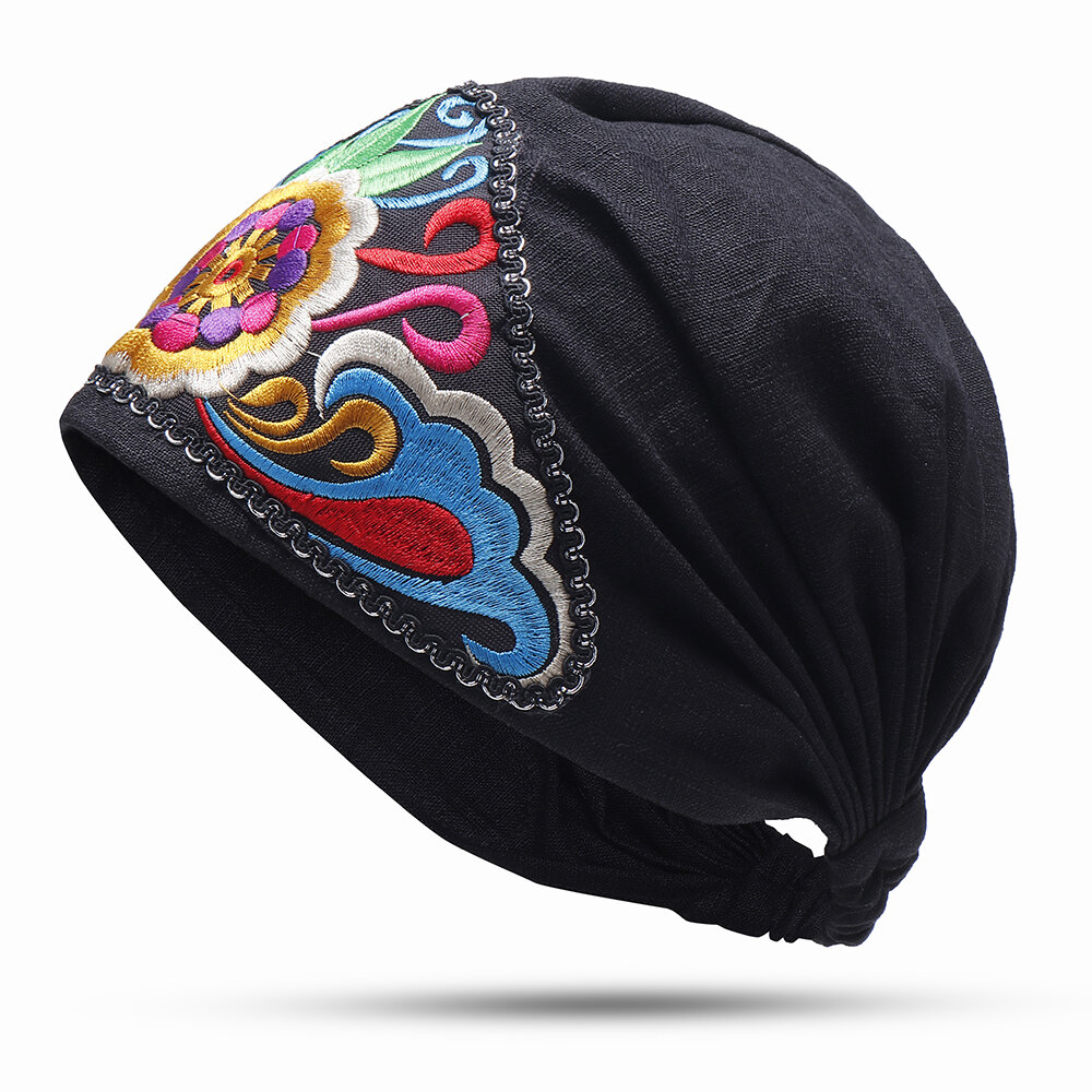 Women Vintage Floral Embroidered Beanie Caps Outdoor Good Elastic Turban Hat