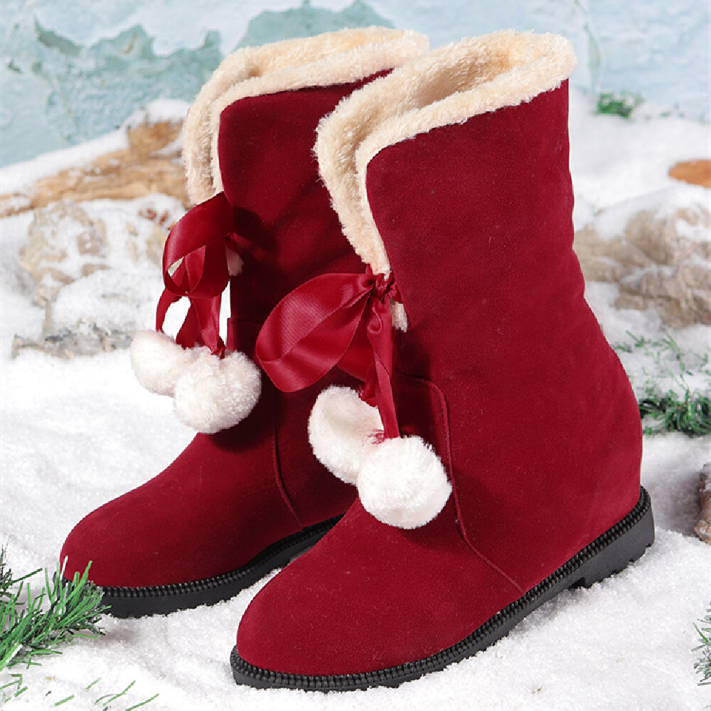 Women Solid Color Casual Elegant Pompom Bowknot Warm Fluff Flanging Snow Boots