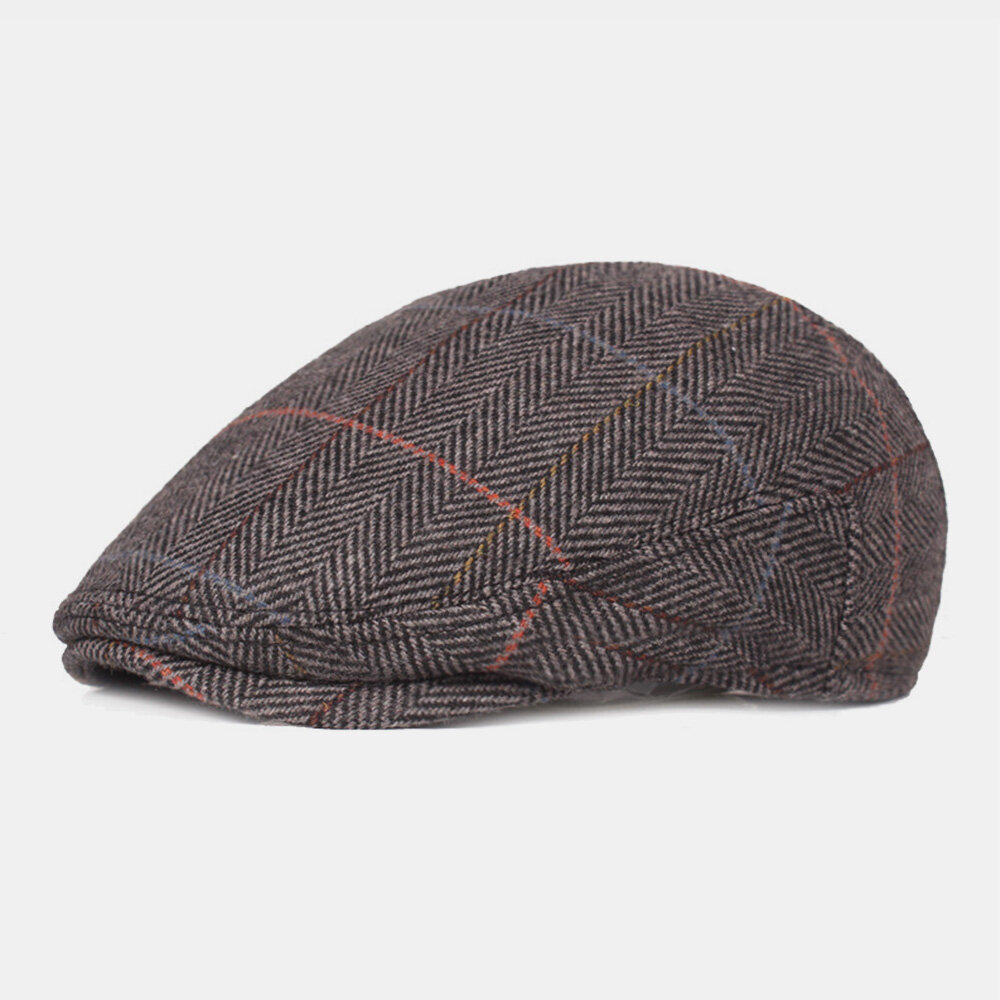 Men Woolen Herringbone Lattice Pattern Berets British Retro Ear Protection Forward Hat Newsboy Hat