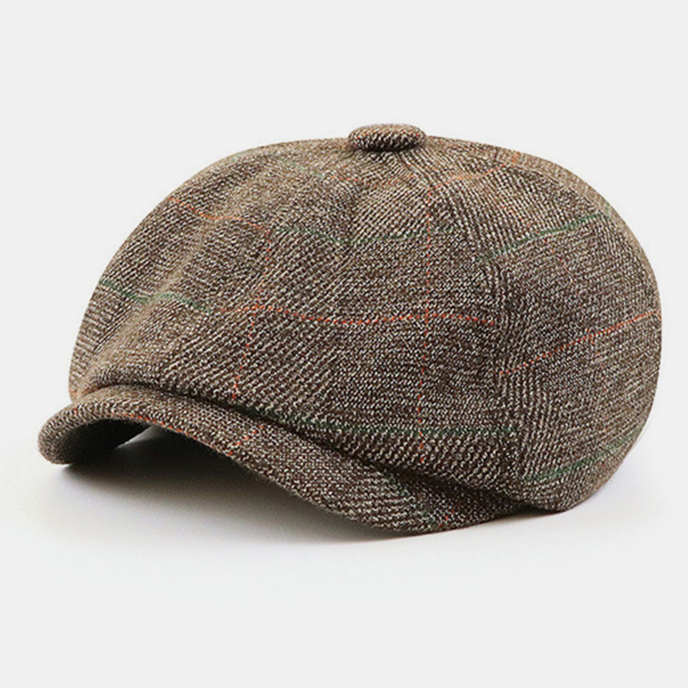 

Men British Style Retro Elastic Casual Lattice Pattern Painter Newsboy Hat Beret Hat Octagonal Hat