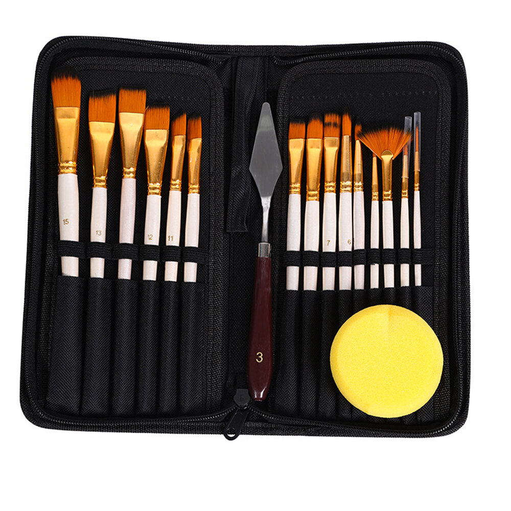 17Pcs Paint Brush Set Includes Pop-up Carrying Case with Palette Knife and 1 Sponges for Acrylic Oil Watercolor Gouache