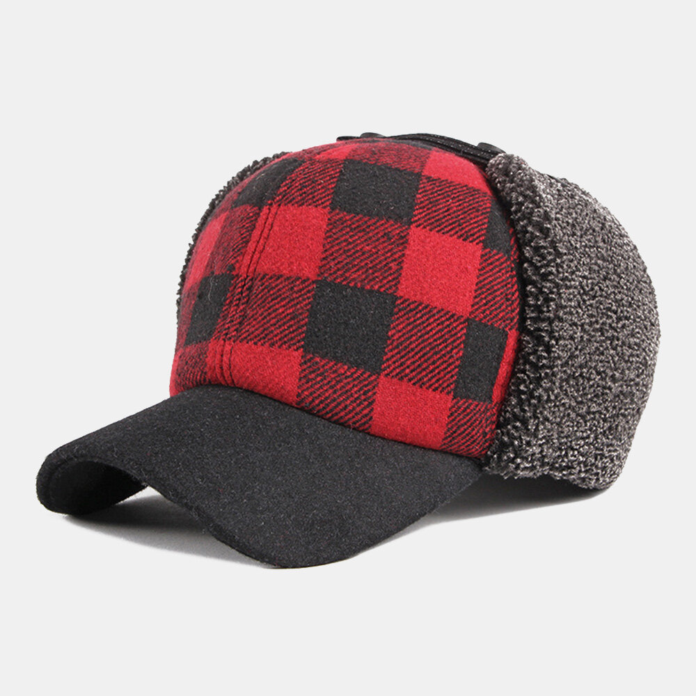 Unisex Cotton Plus Velvet Thick Plaid Baseball Cap Autumn Winter Ear Protection Earmuffs Windproof Warm Hat