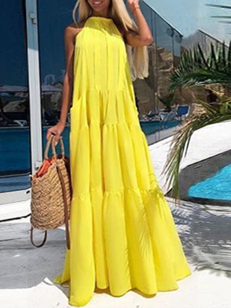 Women Solid Color Sleeveless Round Neck Yellow Pleated Maxi Dress With Pocket