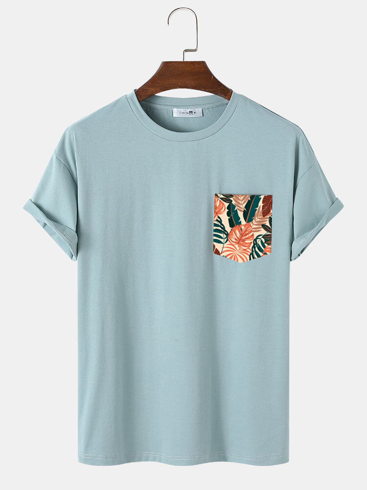 T-shirt casual a maniche corte con stampa tasca sul petto a foglia tropicale da uomo