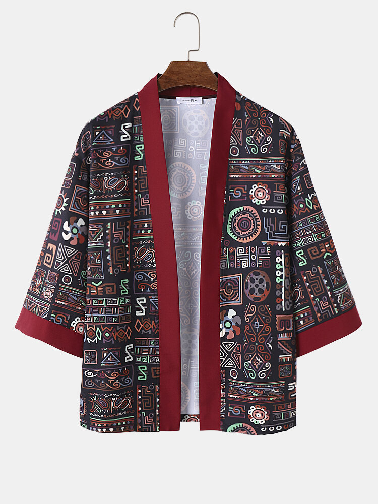 

Мужское этническое племенное свободное кимоно с геометрическим принтом и контрастной отделкой