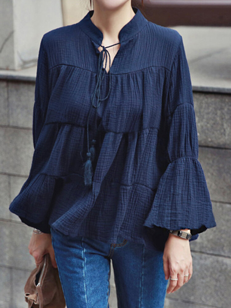 Casual Solid Color V-neck Lace Up Pleated Long Sleeves Blouse