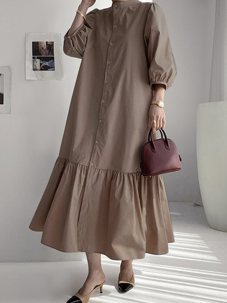 Women Solid Color Button Down Front 3/4 Sleeve Maxi Dresses