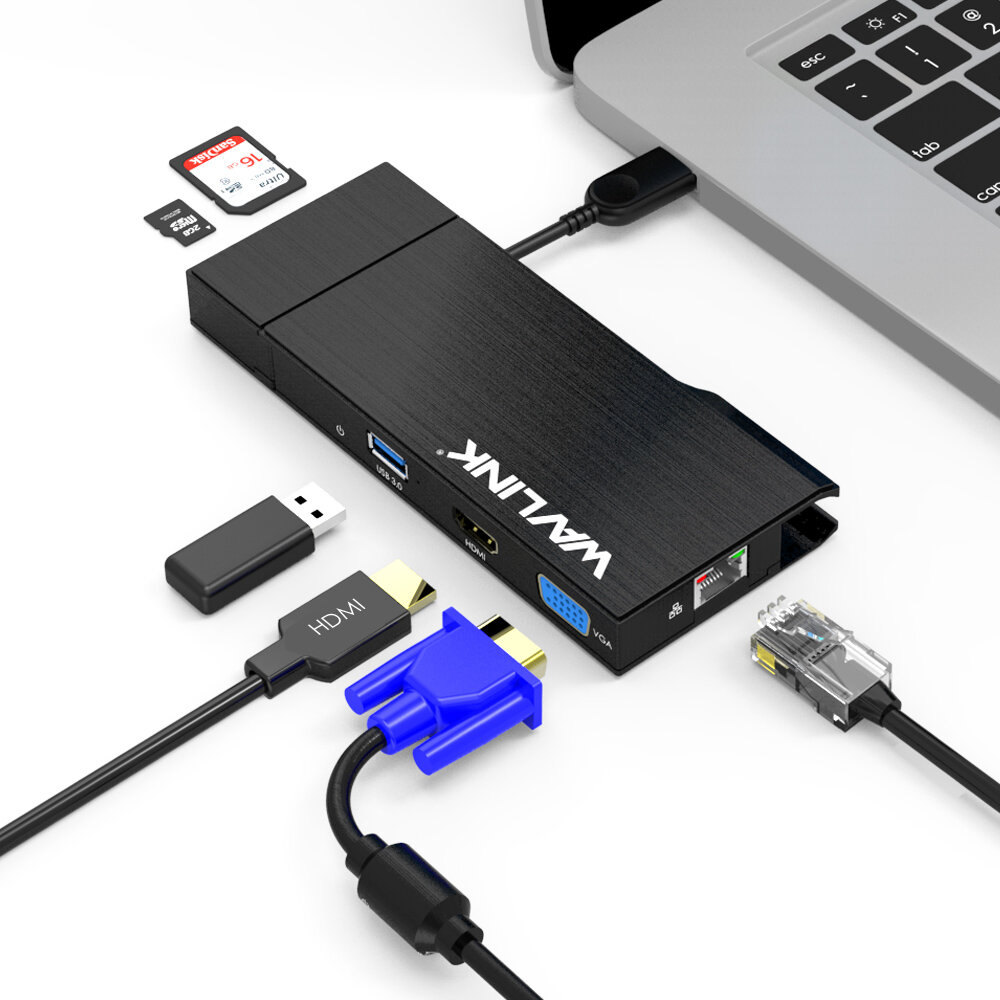 

Wavlink 6 in 1 USB Hub USB 3.0 Docking Station with Gigabit Ethernet, USB 3.0 Port, Removable Card Reader Micro SD/SD, 2
