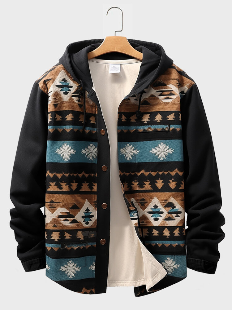 Mens Ethnic Geometric Print Patchwork Button Front Hooded Jacket