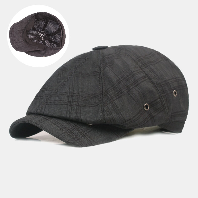 Men Newsboy Hat Polyester Cotton Solid Lattice Breathable Vintage Octagonal Hat Beret Flat Cap