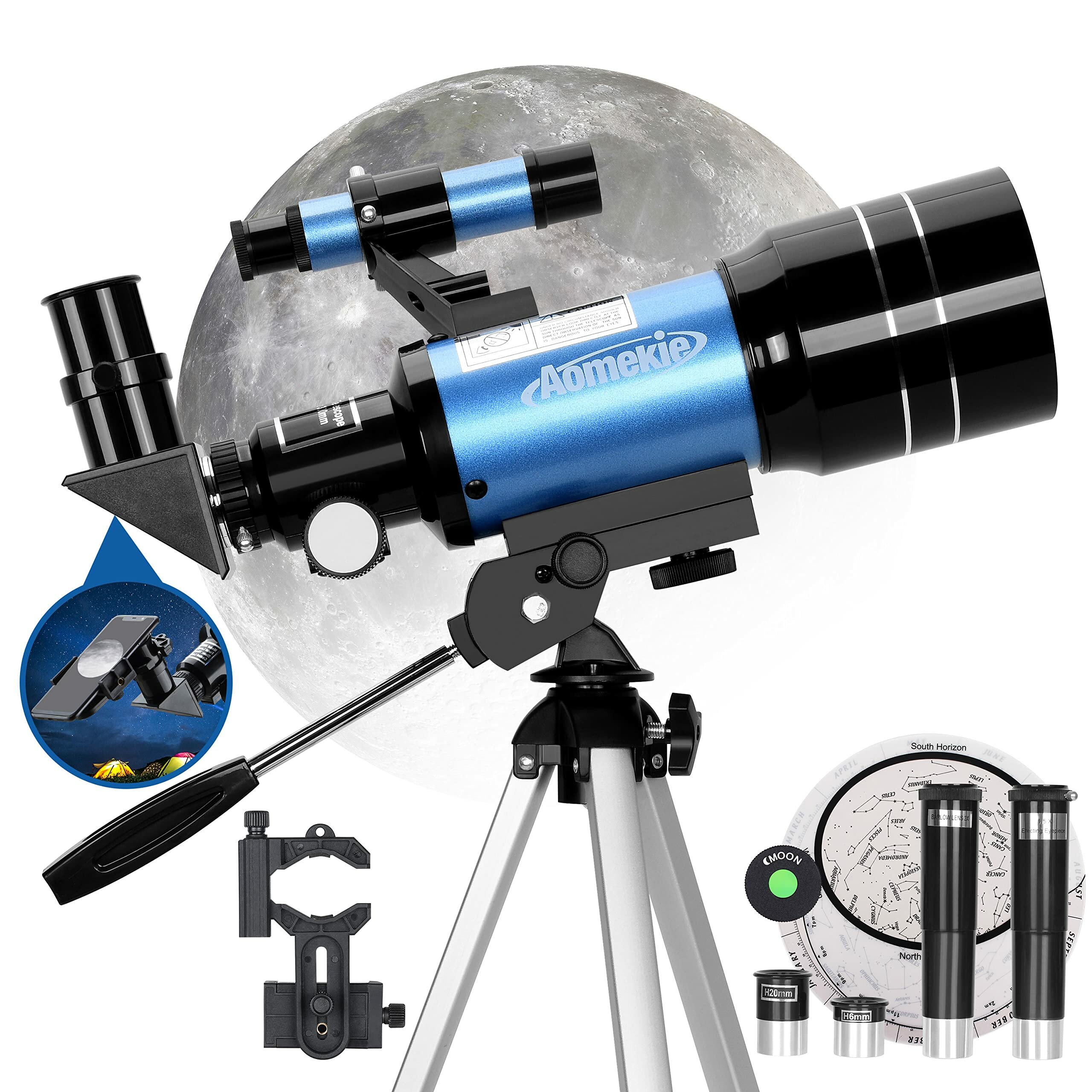 [ΕΕ Απευθείας] Αστρονομικό τηλεσκόπιο AOMEKIE AO2001 70mm για παιδιά 150X Ισχυρό αστρονομικό τηλεσκόπιο με προσαρμογέα smartphone,τρίποδο Barlow και εντοπιστή για αρχάριους και εραστές