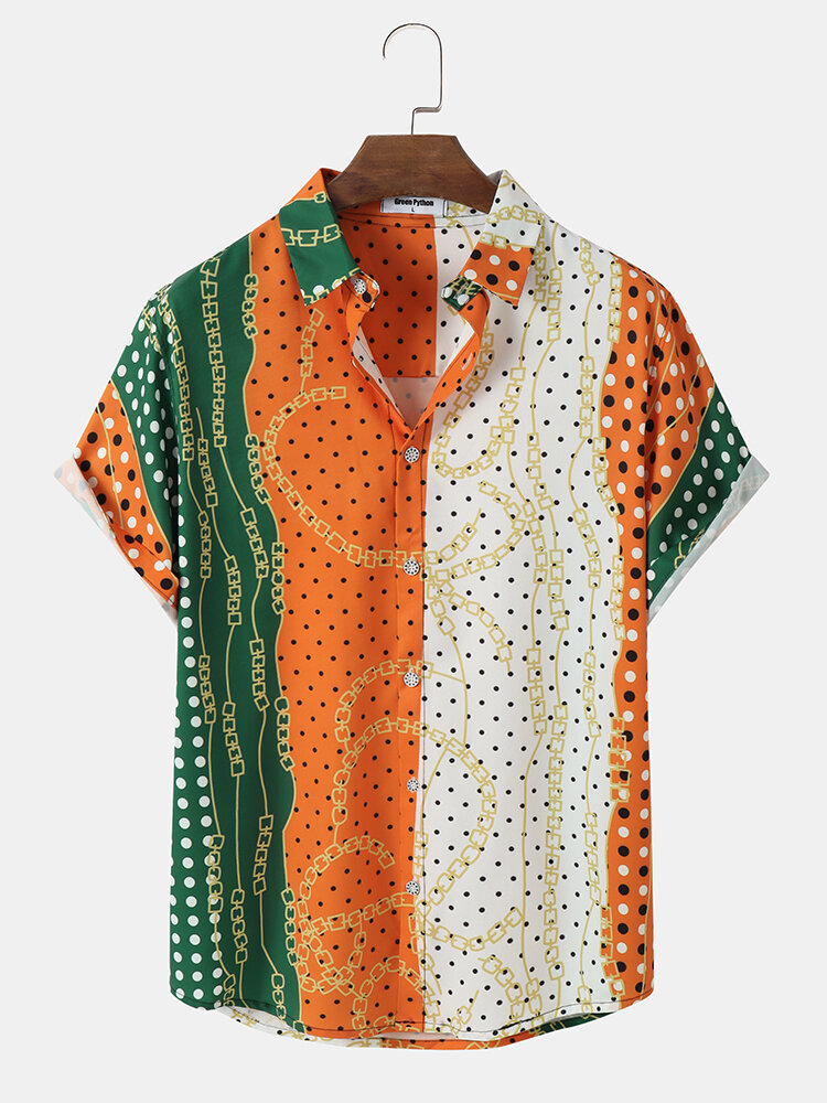 Men Polka Dot Chain Pattern Colorblock Lapel Shirts
