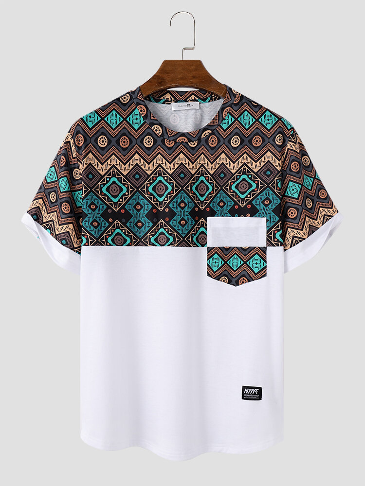 T-shirts met etnische geometrische print voor heren, ronde hals en korte mouwen