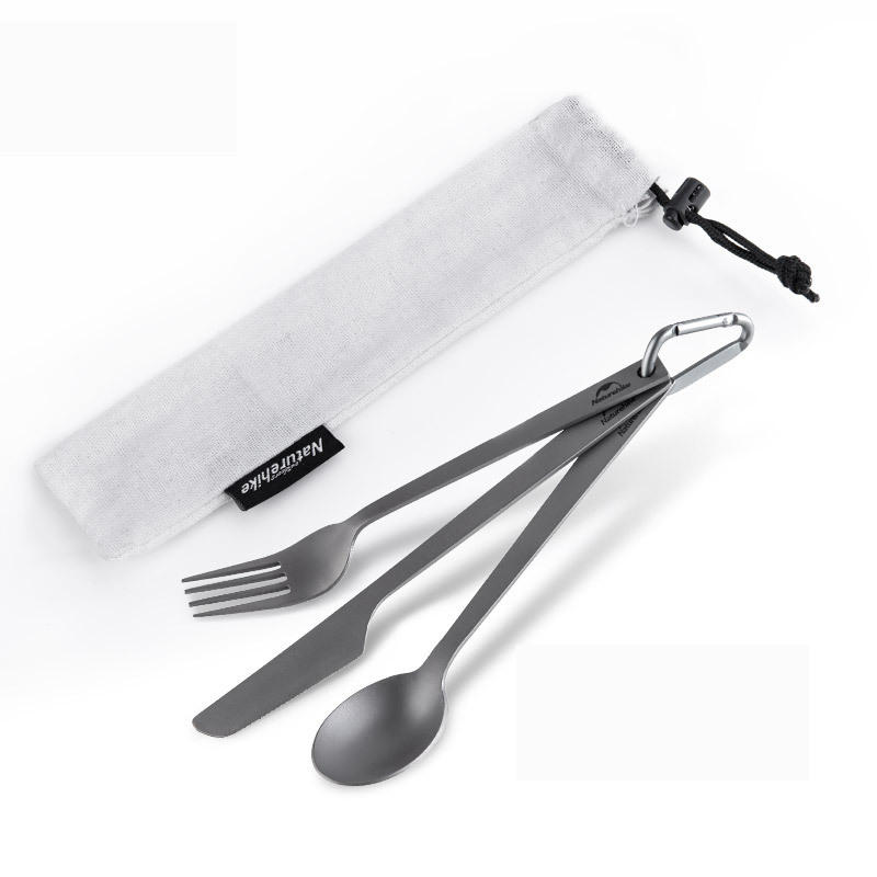 Naturehike NH19T011-D 3pcs/set Portable Tableware Titanium Alloy Picnic BBQ Fork Spoon Cutter With Carabiber  