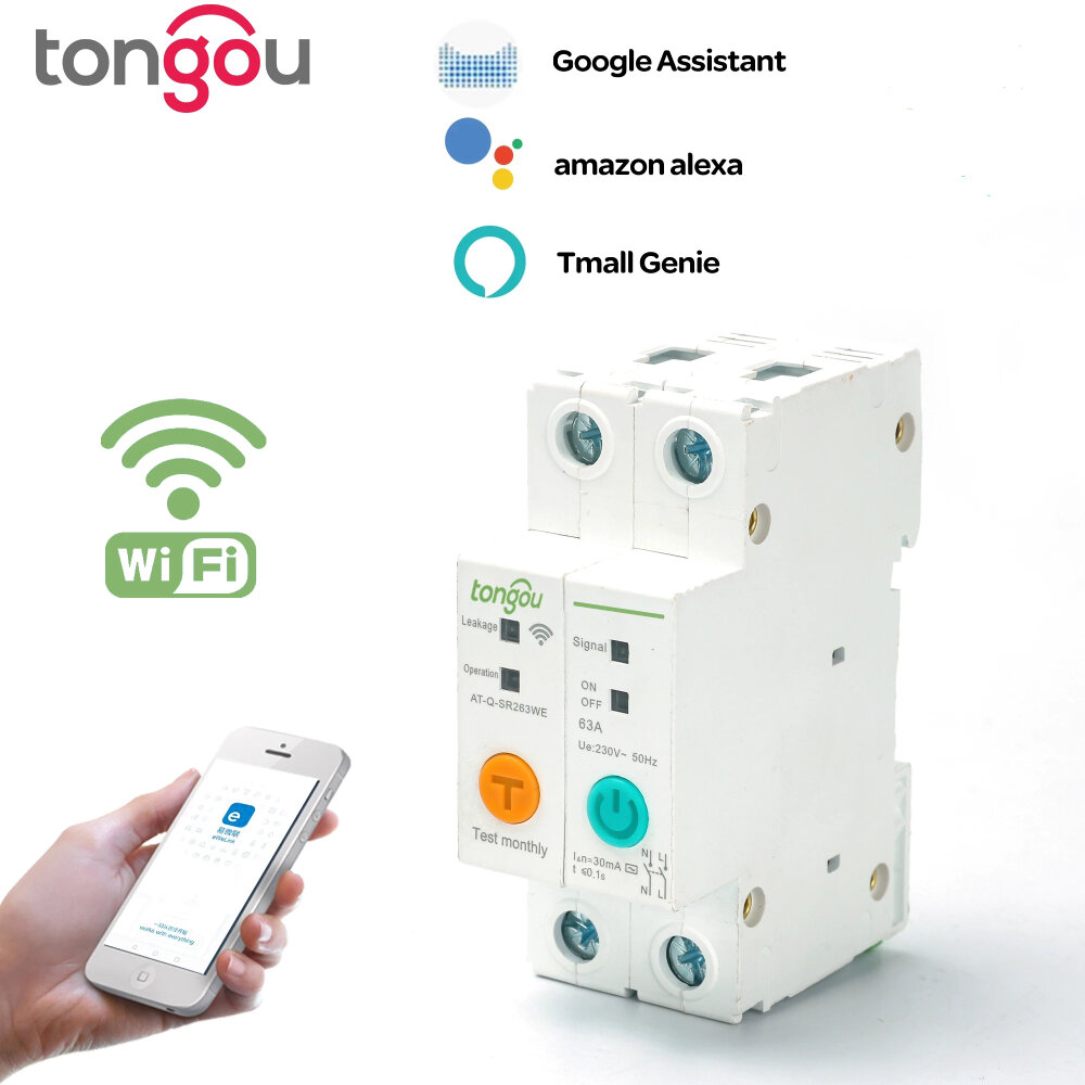 Tongou 2P 63A DIN Rail Energy Meter Kwh Metering Monitoring WIFI Circuit Breaker Smart Switch Remote