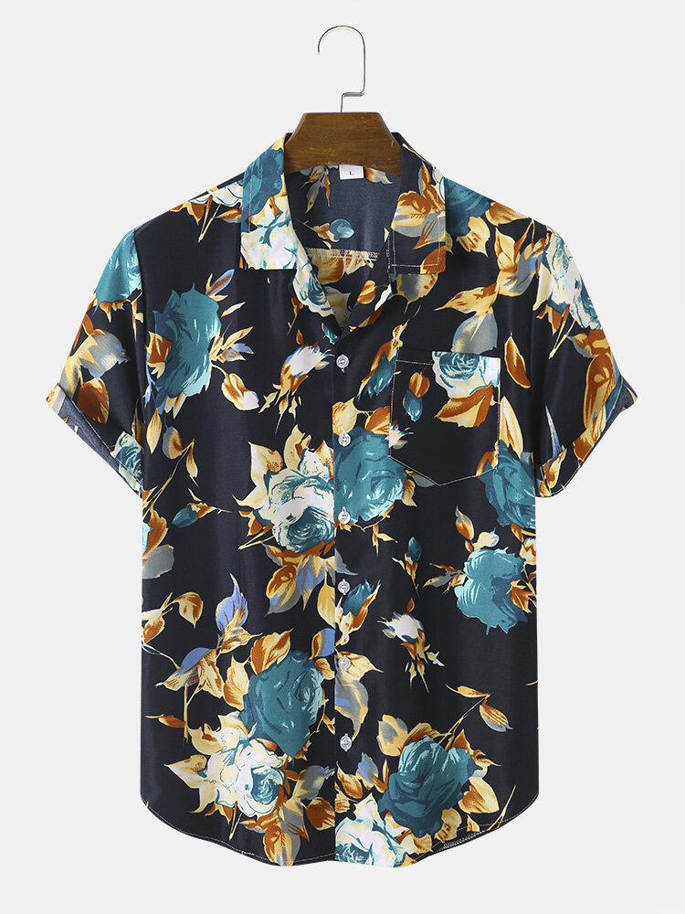 Heren Floral Art Print Single Pocket Revere kraag gebogen zoom korte mouwen Shirts