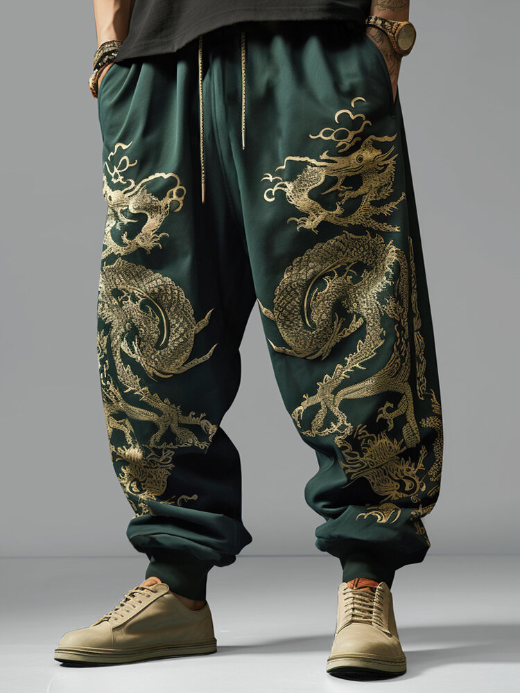 

Mens Chinese Dragon Print Loose Drawstring Waist Pants With Pocket