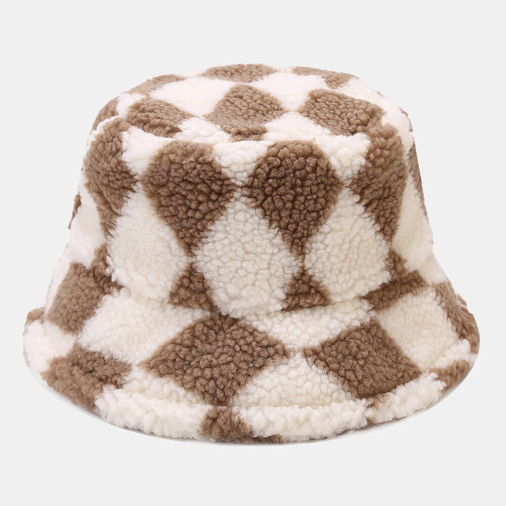 

Unisex Diamond Pattern Color Contrast Argyle Thicken Warmth All-match Lambswool Bucket Hat
