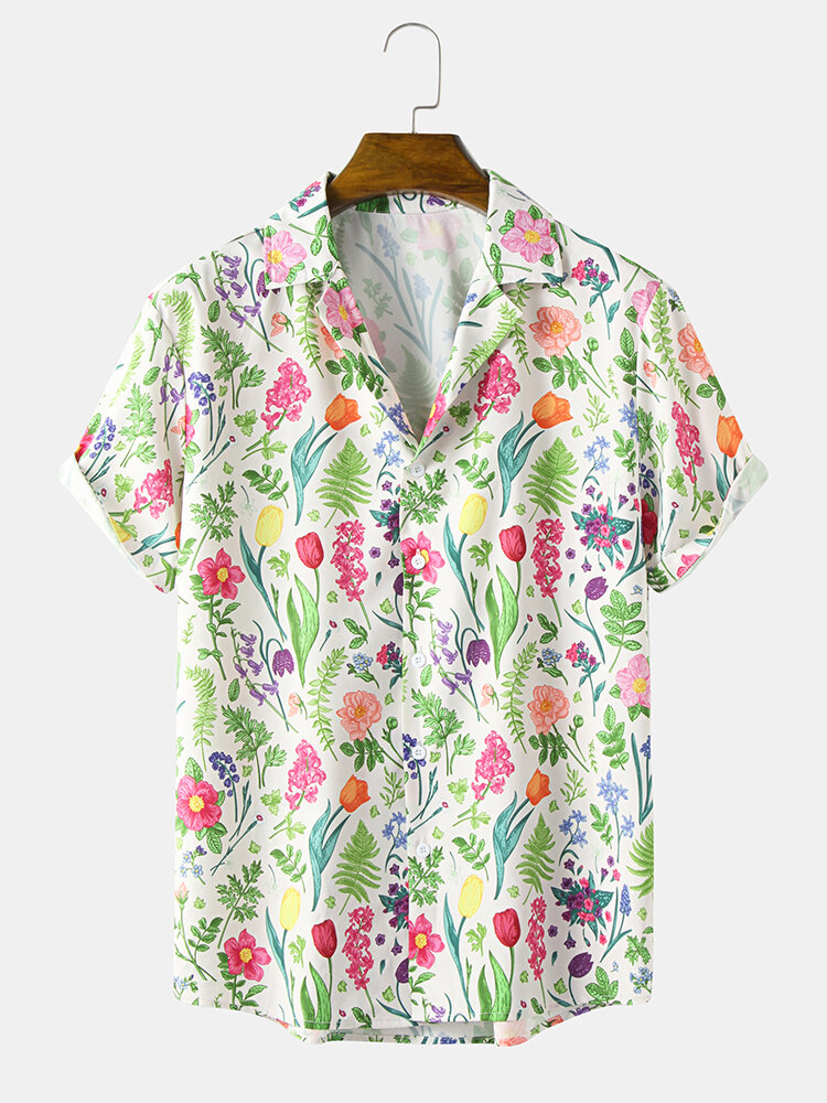Heren overhemd met korte mouwen, bloemenprint en reverskraag